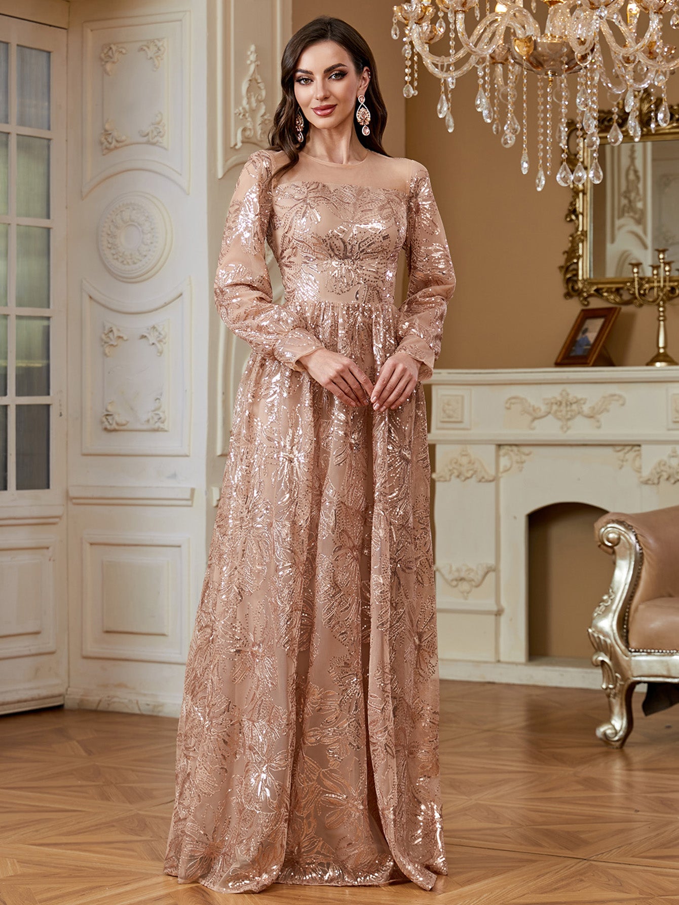 Rose Gold Floral Sequin Long Sleeve A‑Line Evening Gown