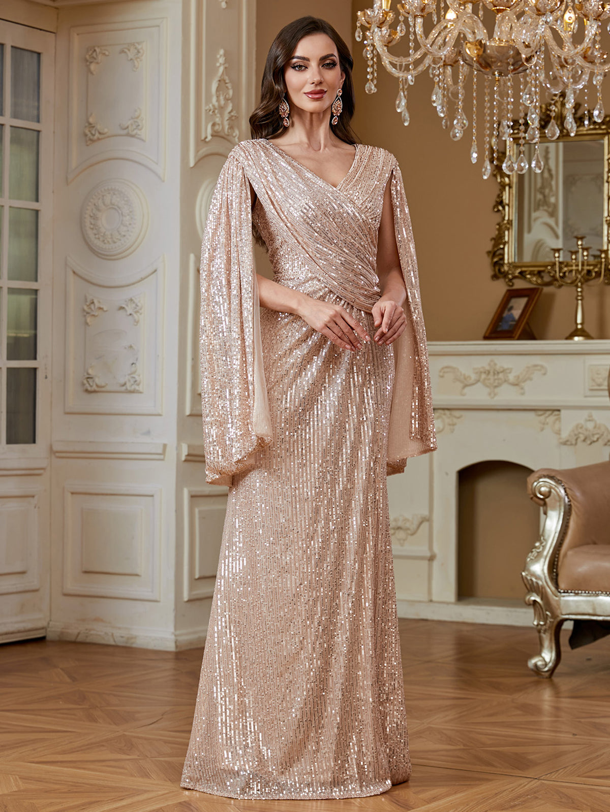 Champagne Pink Sequin Cape Sleeve V‑Neck Mermaid High Slit Evening Gown