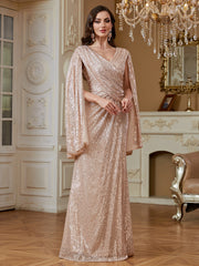 Champagne Pink Sequin Cape Sleeve V‑Neck Mermaid High Slit Evening Gown
