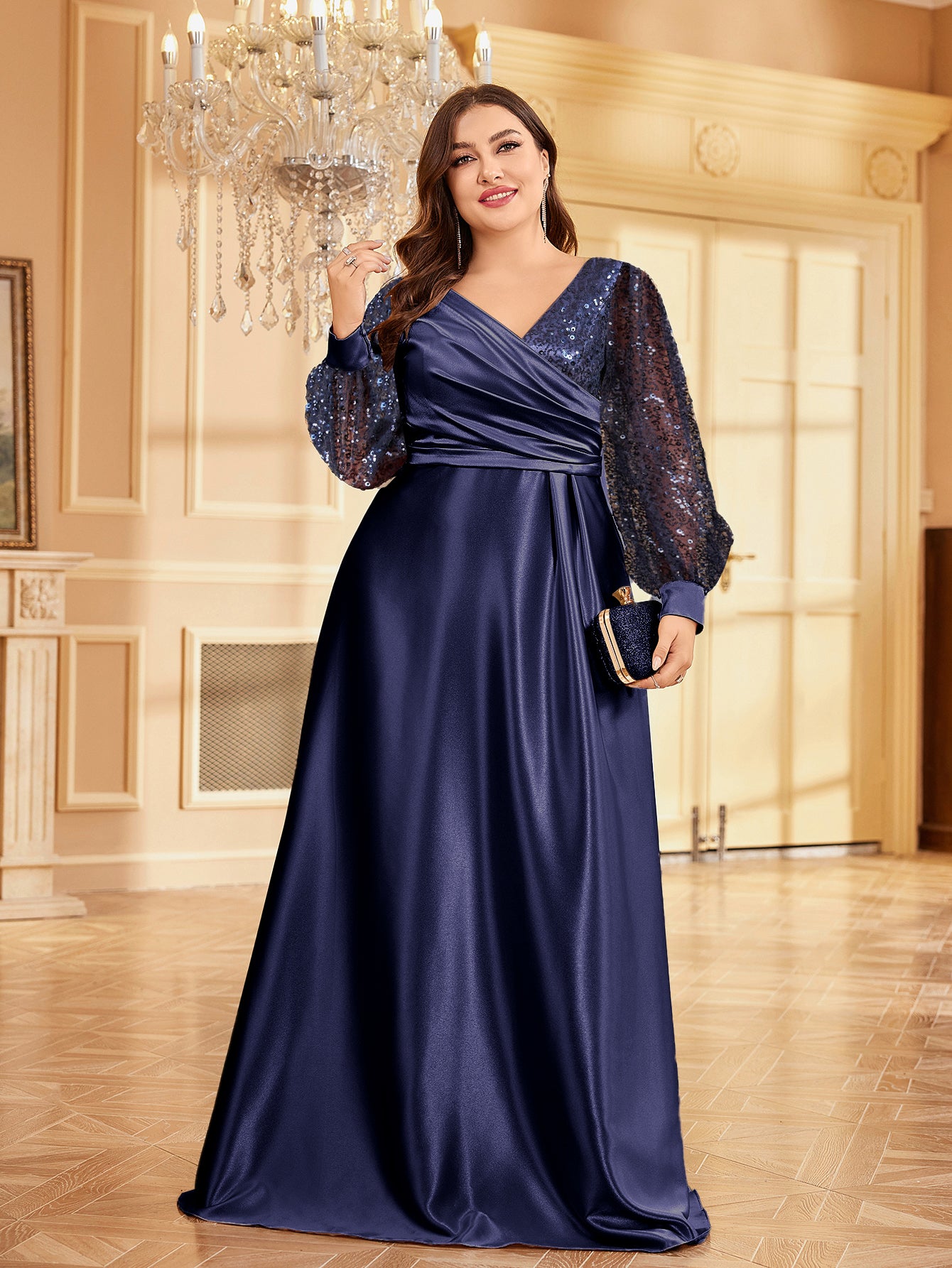 Plus Size Luxury Gold Sequin V-Neck Evening Dress | XUIBOL