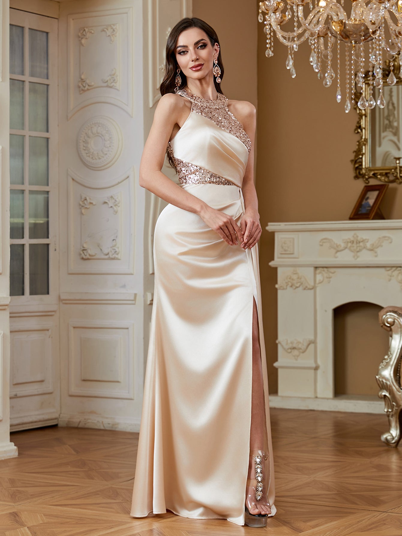 Sequin Halter Satin Evening Gown with Thigh-High Slit