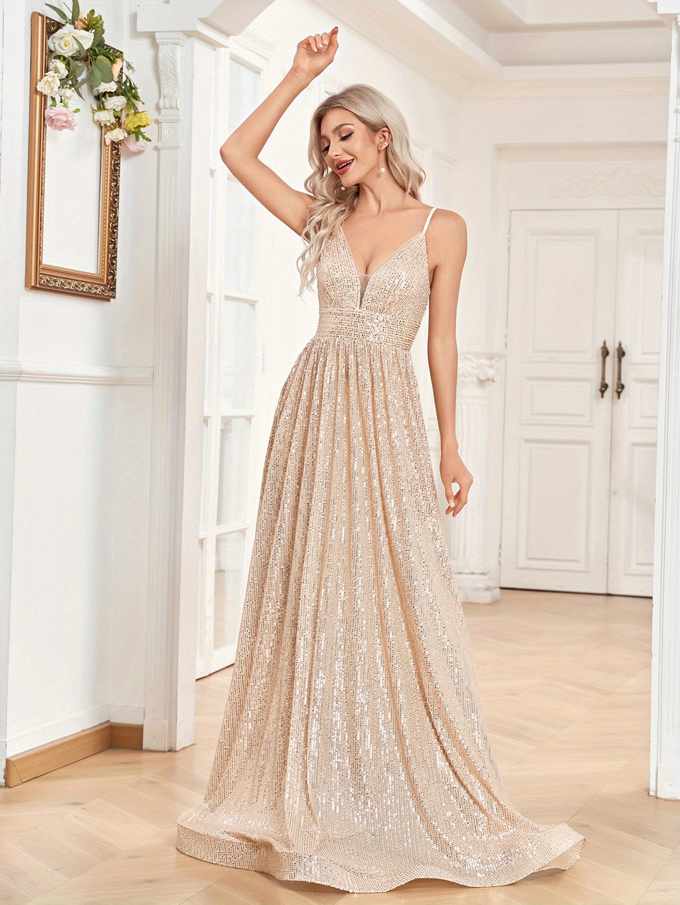 Sequined Bridesmaid Strap Dress, Elegant V-neck Floor Length Dress For Wedding Party | XUIBOL