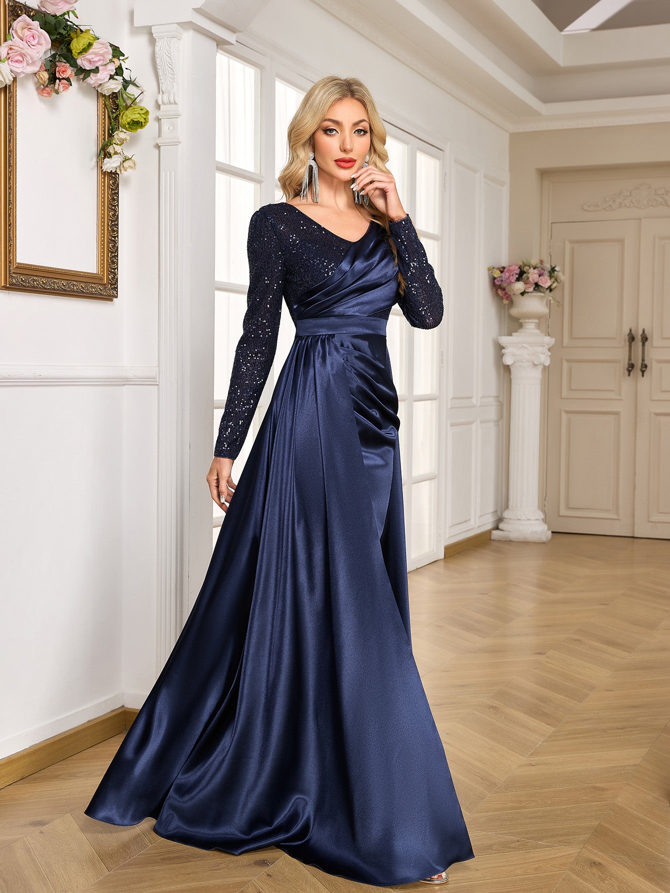 Navy Blue Sequin Long Sleeve Wrap V Neck High Slit Satin Evening Gown
