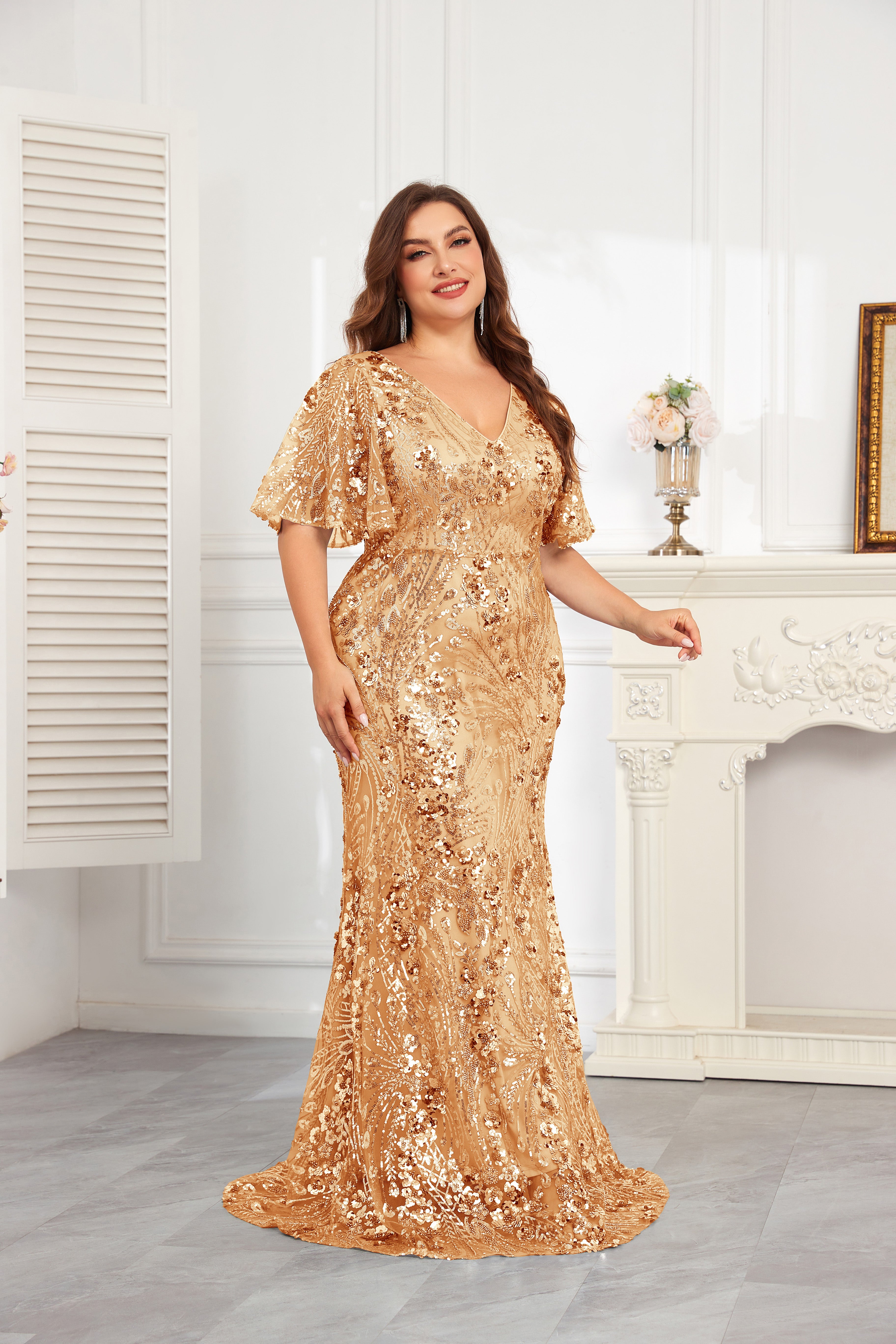 XUIBOL | Plus Size High-Quality Elastic Sequin Beaded Fitted V-Neck Short Sleeve Elegant Formal Gown, Stunning For Party, Wedding, Mother Of The Bride Dresses (Heavily Embellished), Semi Formal Prom Dress, For Birthday, Wedding Guest