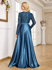 Teal Blue Sequin Satin Long Sleeve High Slit A-Line Evening Gown