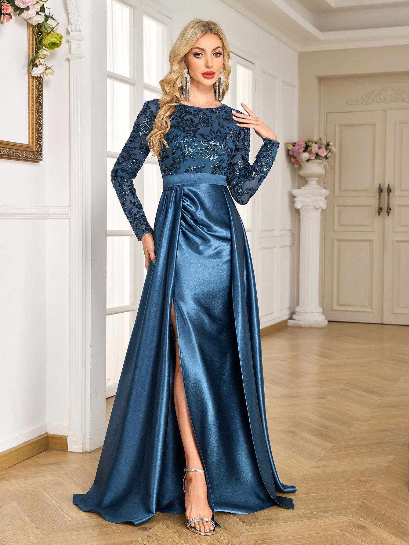 Teal Blue Sequin Satin Long Sleeve High Slit A-Line Evening Gown