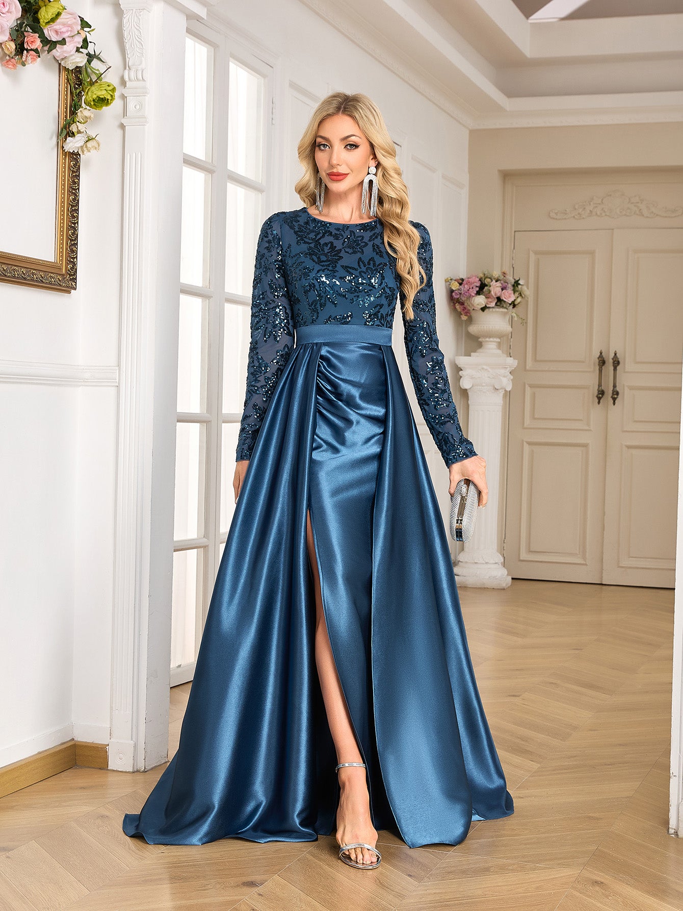 Teal Blue Sequin Satin Long Sleeve High Slit A-Line Evening Gown