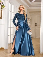 Teal Blue Sequin Satin Long Sleeve High Slit A-Line Evening Gown
