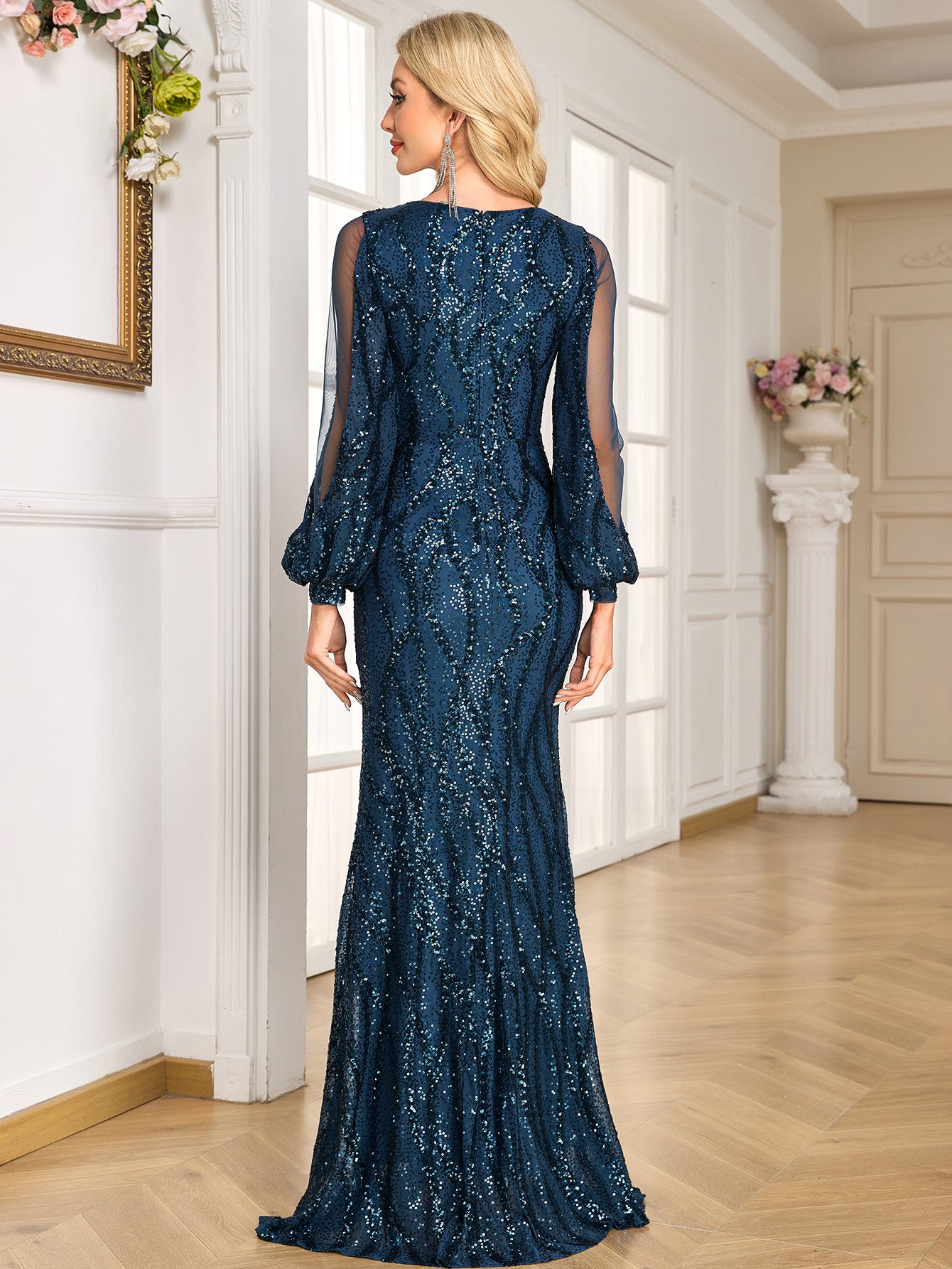 Navy Sequin Mesh Puff Sleeve Mermaid Evening Gown
