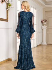 Navy Sequin Mesh Puff Sleeve Mermaid Evening Gown