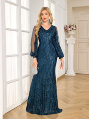 Navy Sequin Mesh Puff Sleeve Mermaid Evening Gown