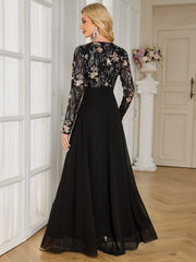 Black Floral Embroidery V‑Neck Long Sleeve A‑Line Evening Gown