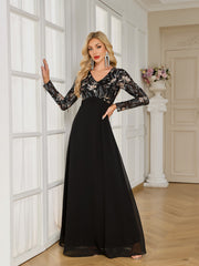 Black Floral Embroidery V‑Neck Long Sleeve A‑Line Evening Gown