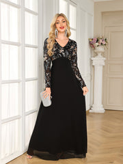 Black Floral Embroidery V‑Neck Long Sleeve A‑Line Evening Gown
