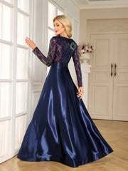 Navy Colorful Sequin Lapel V Neck Long Sleeve A-Line Floor Evening Gown