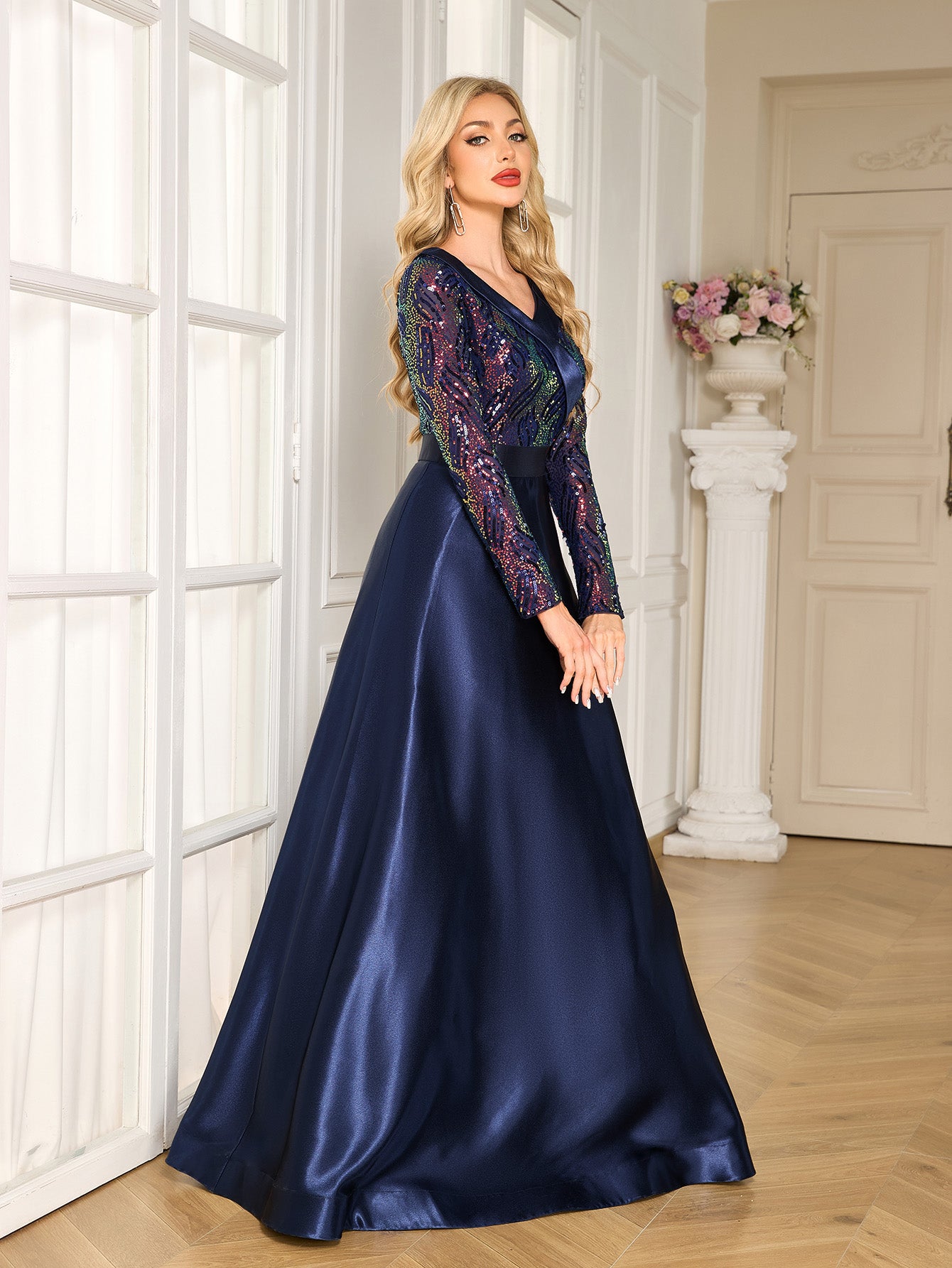 Navy Colorful Sequin Lapel V Neck Long Sleeve A-Line Floor Evening Gown