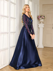 Navy Colorful Sequin Lapel V Neck Long Sleeve A-Line Floor Evening Gown