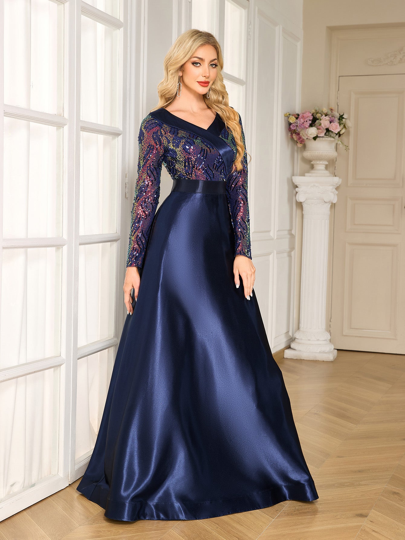 Navy Colorful Sequin Lapel V Neck Long Sleeve A-Line Floor Evening Gown