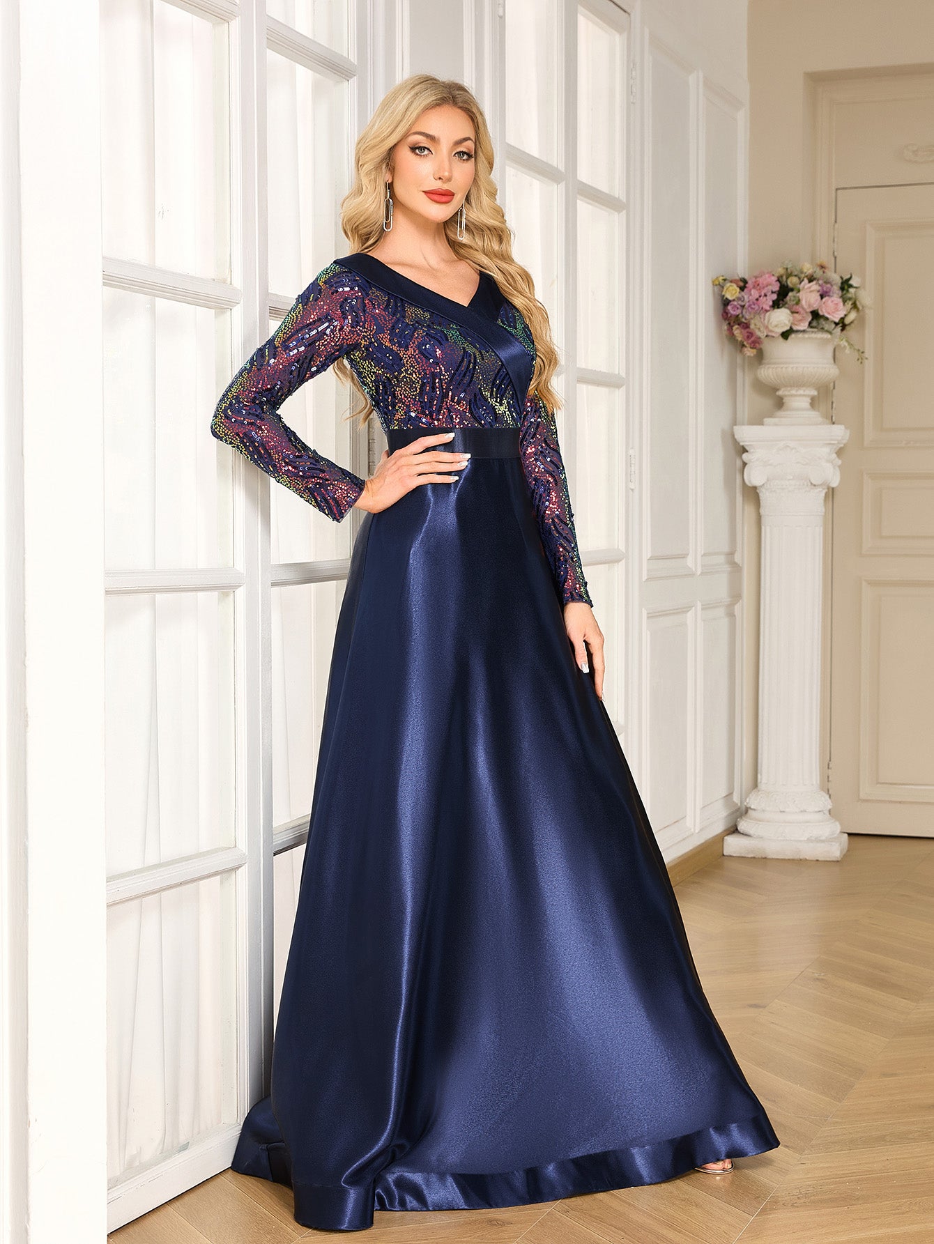 Navy Colorful Sequin Lapel V Neck Long Sleeve A-Line Floor Evening Gown
