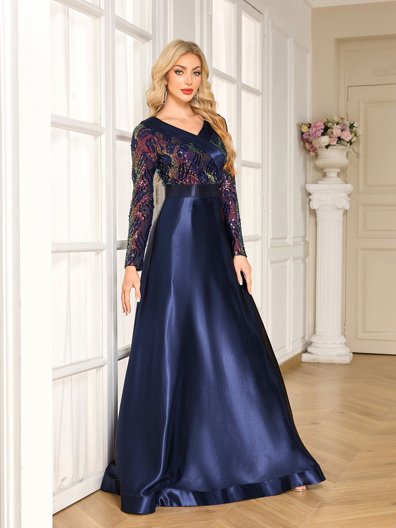 Navy Colorful Sequin Lapel V Neck Long Sleeve A-Line Floor Evening Gown