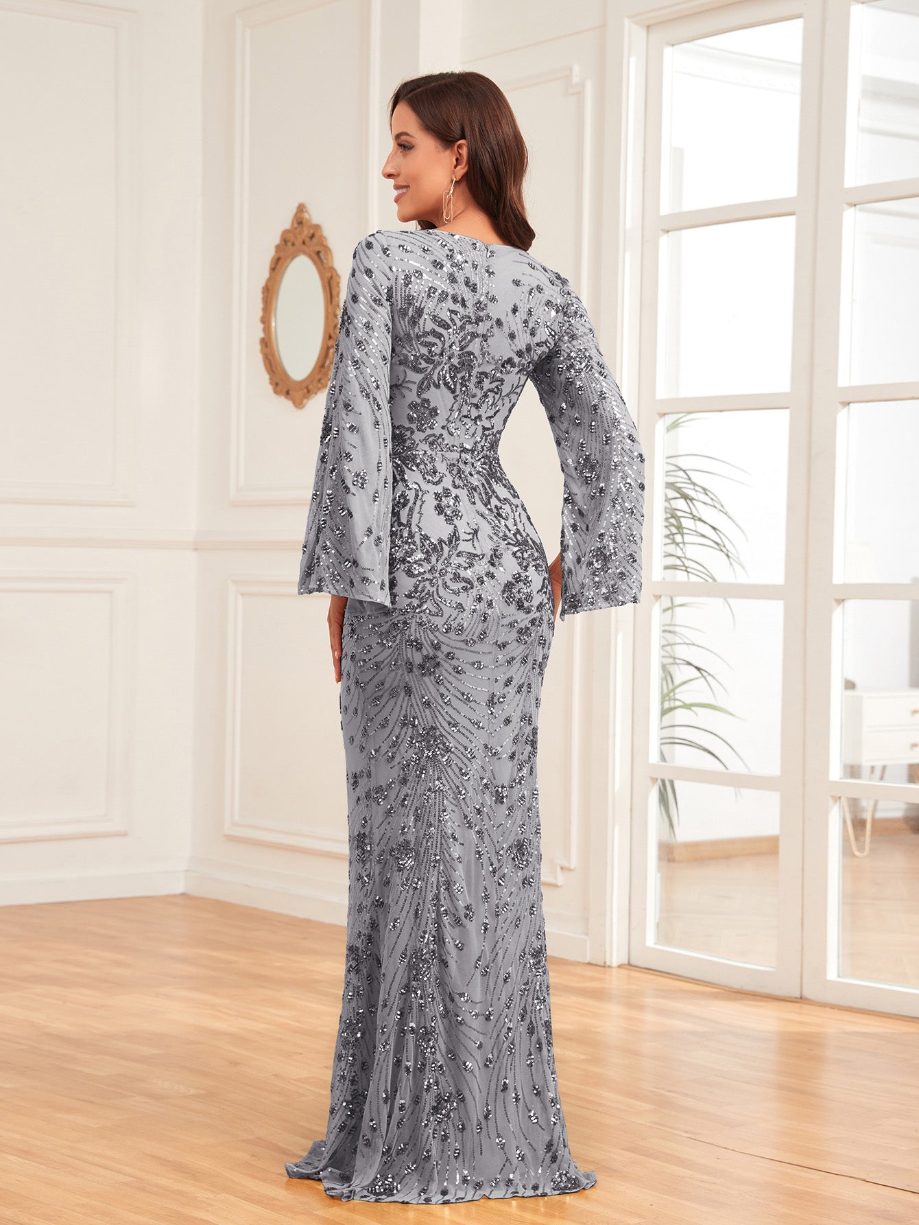 XUIBOL | Split Sleeve Sequin Prom Dress Elegant Long Sleeve Formal Evening Wedding Guest Gown, For Graduation, Dinner