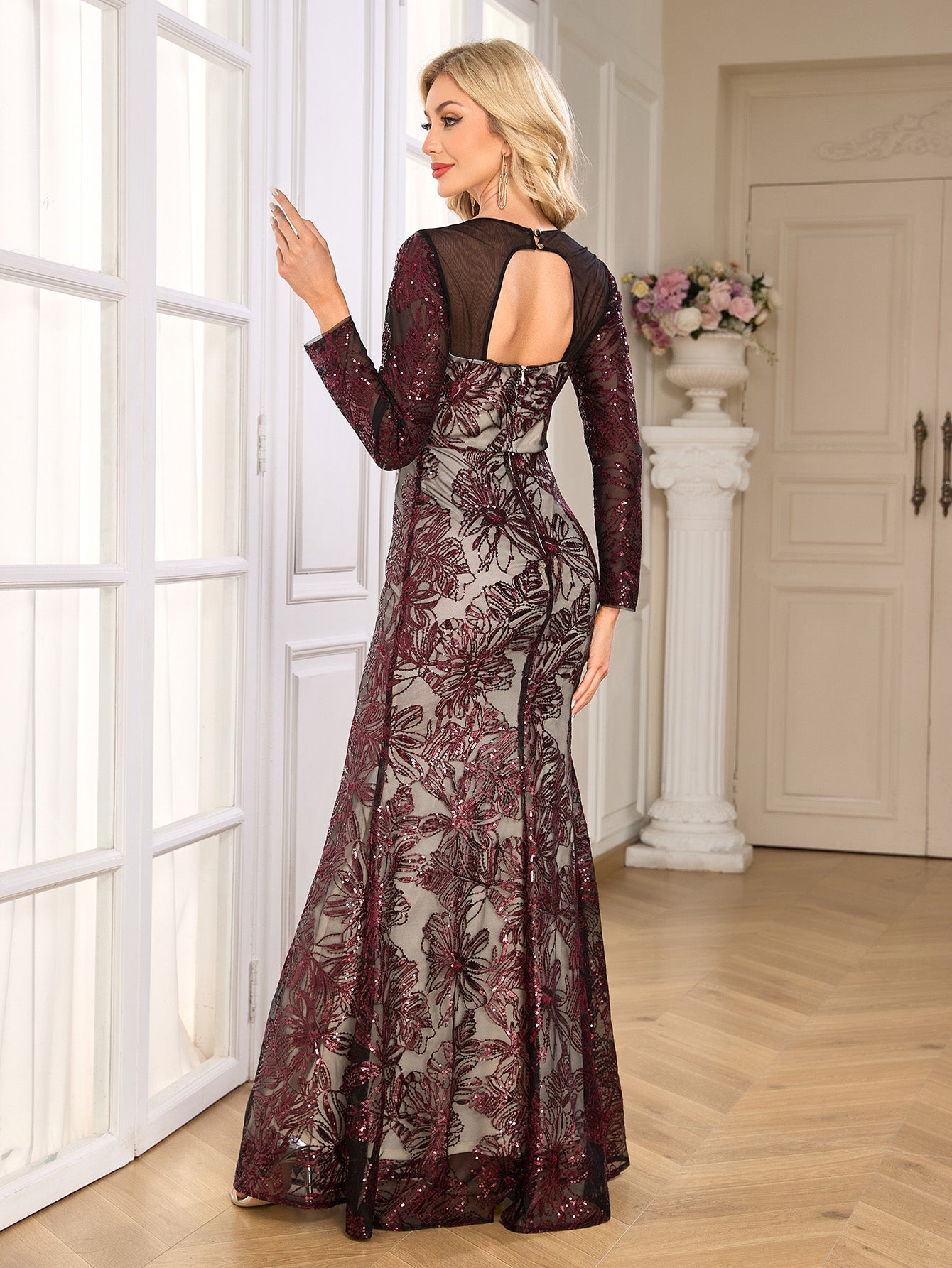 Burgundy Floral Sequin Long Sleeve Mermaid Evening Gown