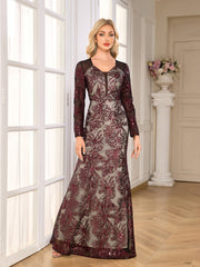 Burgundy Floral Sequin Long Sleeve Mermaid Evening Gown