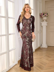 Burgundy Floral Sequin Long Sleeve Mermaid Evening Gown
