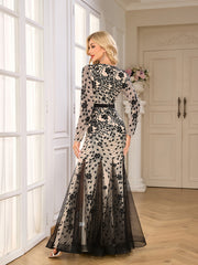 Nude Black Floral Sequin V‑Neck Mermaid Gown
