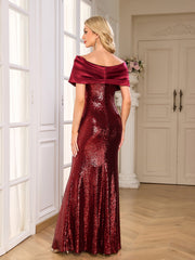 Burgundy Satin Fold Off Shoulder Sequin Mermaid Evening Gown