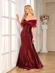 Burgundy Satin Fold Off Shoulder Sequin Mermaid Evening Gown