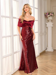 Burgundy Satin Fold Off Shoulder Sequin Mermaid Evening Gown