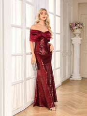 Burgundy Satin Fold Off Shoulder Sequin Mermaid Evening Gown