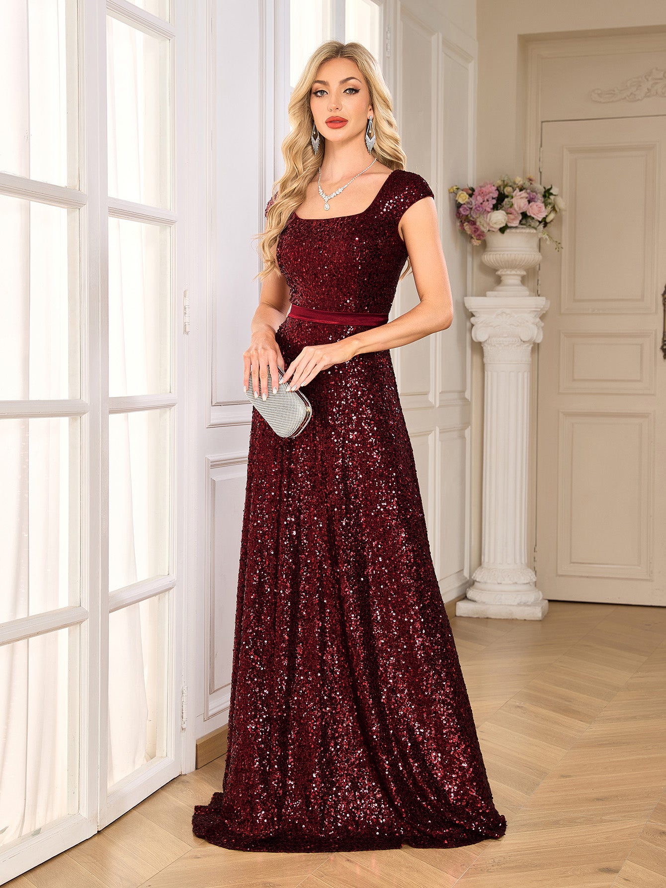 Burgundy Sequin Square Neck Cap Sleeve A Line Evening Gown