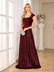 Burgundy Sequin Square Neck Cap Sleeve A Line Evening Gown