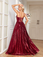 Burgundy Sequin Deep V A‑Line Maxi Dress, Sparkly Formal Evening Gown