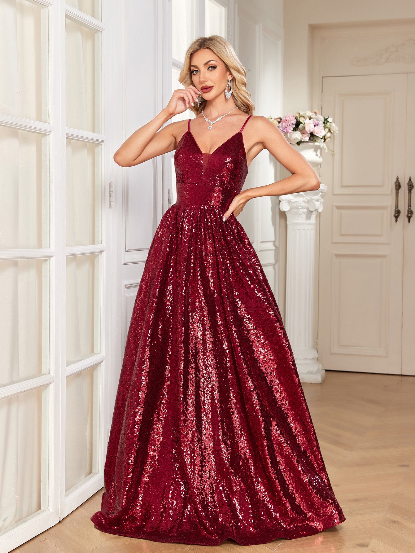 Burgundy Sequin Deep V A‑Line Maxi Dress, Sparkly Formal Evening Gown