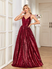 Burgundy Sequin Deep V A‑Line Maxi Dress, Sparkly Formal Evening Gown