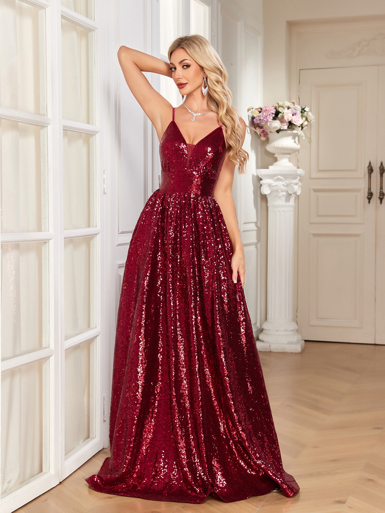 Burgundy Sequin Deep V A‑Line Maxi Dress, Sparkly Formal Evening Gown