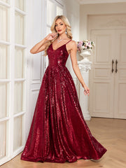 Burgundy Sequin Deep V A‑Line Maxi Dress, Sparkly Formal Evening Gown