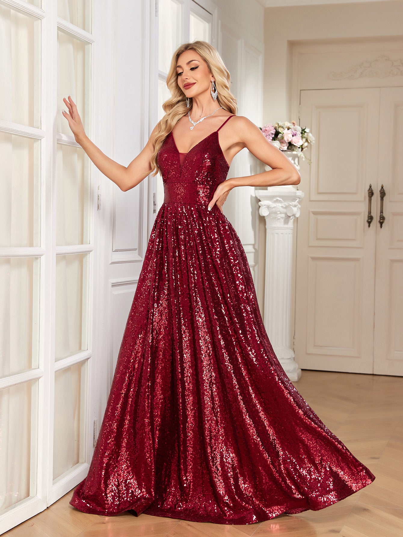 Burgundy Sequin Deep V A‑Line Maxi Dress, Sparkly Formal Evening Gown