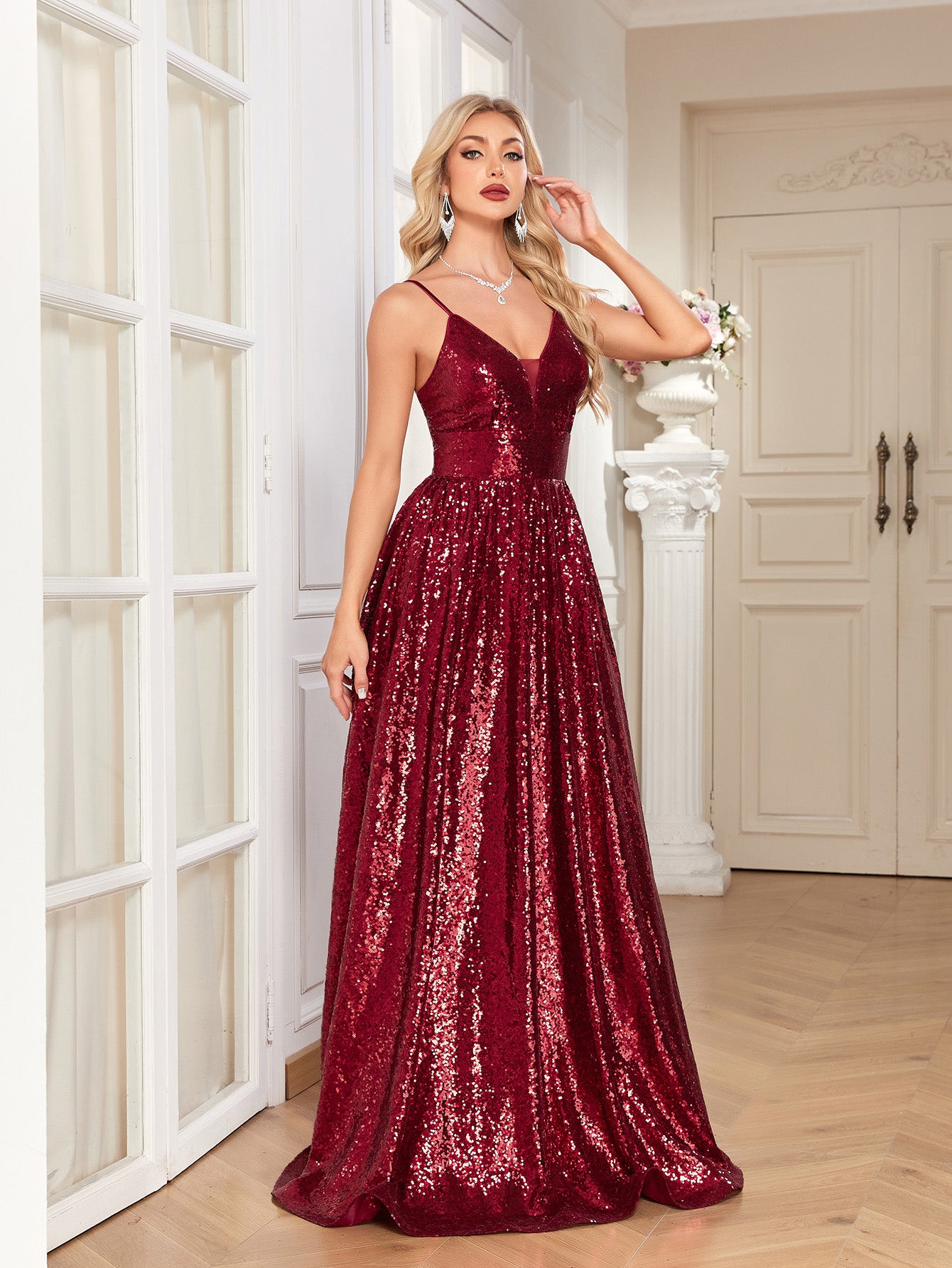 Burgundy Sequin Deep V A‑Line Maxi Dress, Sparkly Formal Evening Gown