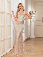Champagne Ombre Sequin Strap Mermaid Evening Dress