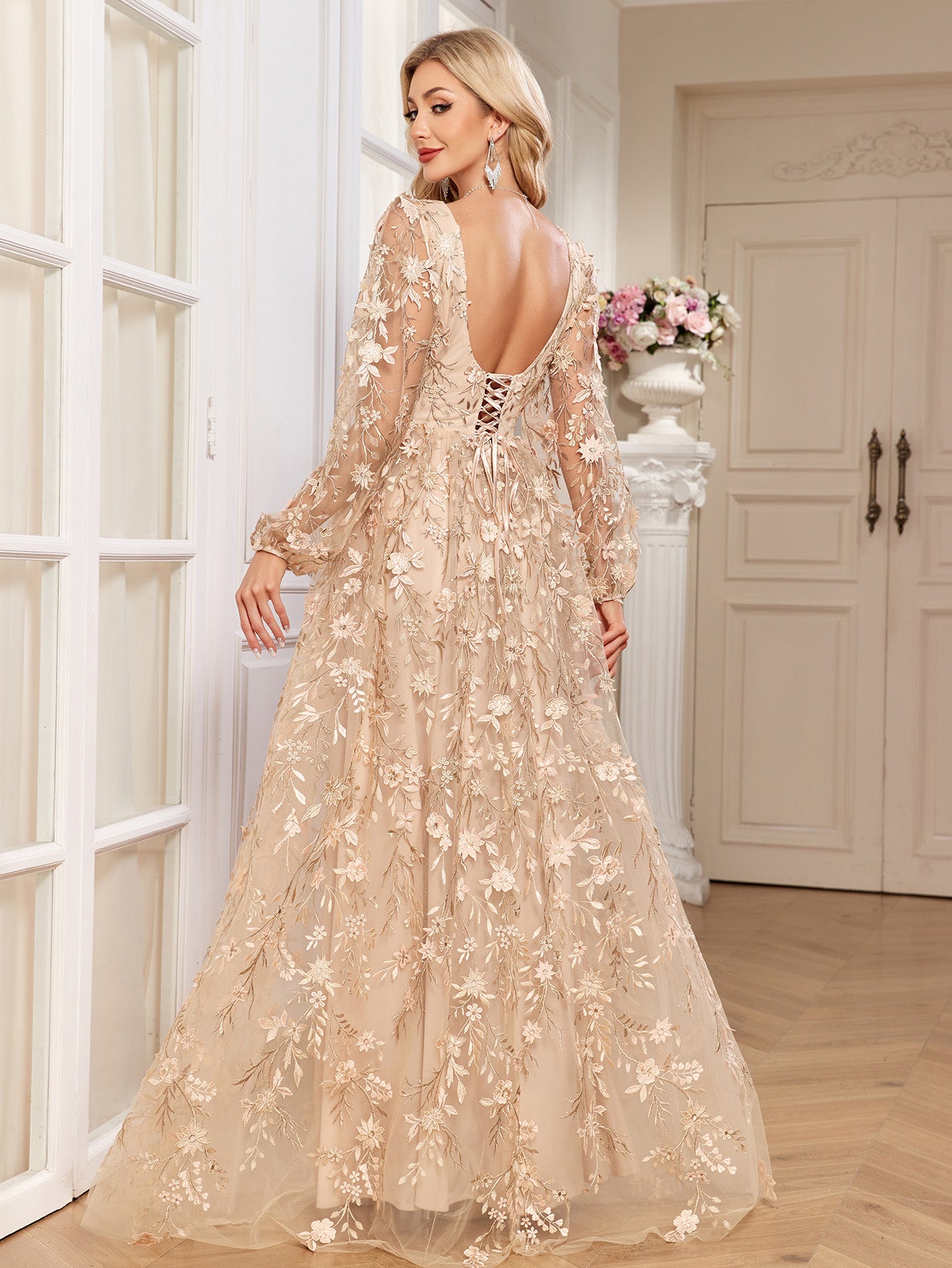 Champagne Floral Embroidery Puff Sleeve A Line Evening Gown