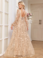 Champagne Floral Embroidery Puff Sleeve A Line Evening Gown
