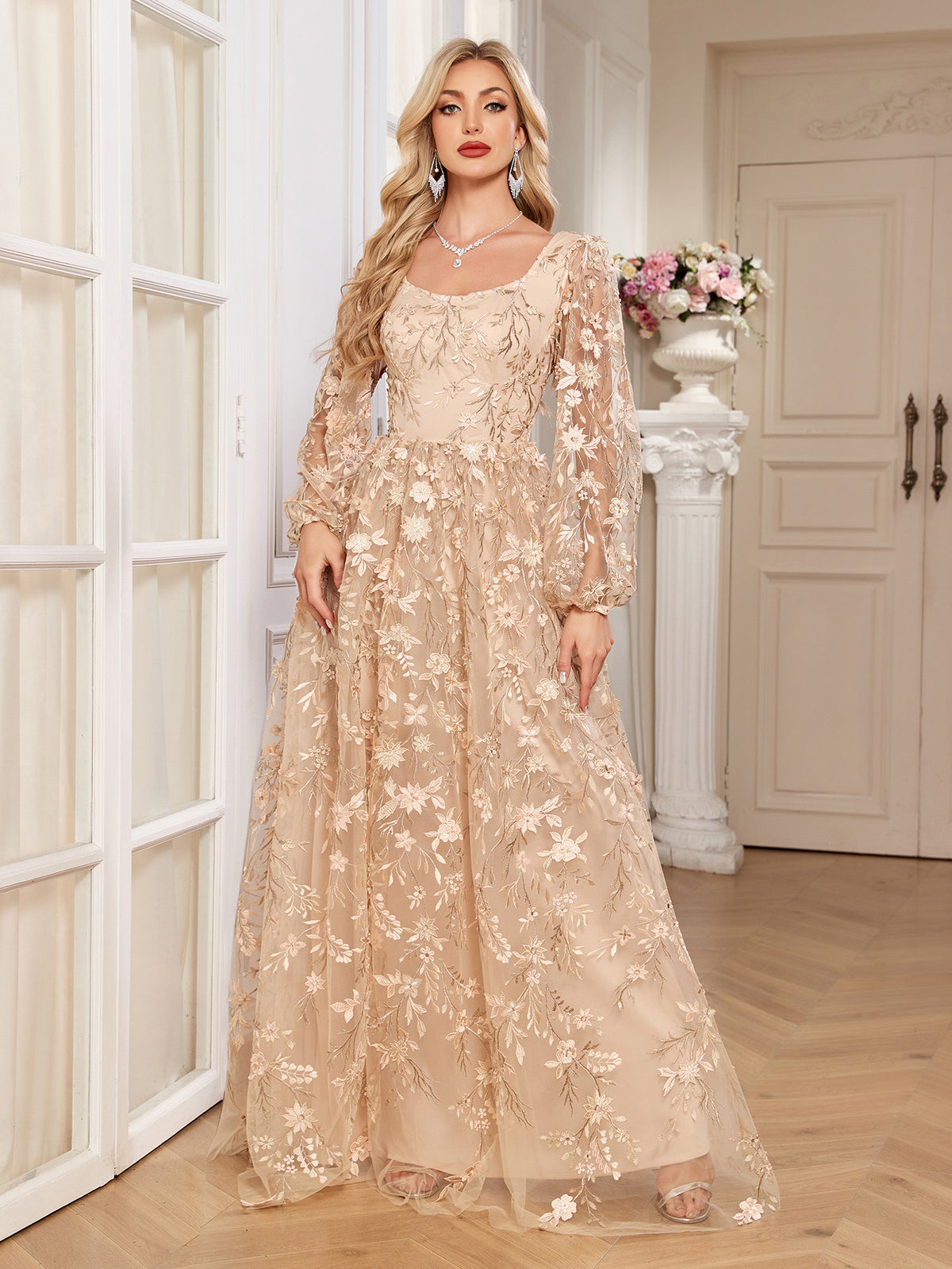 Champagne Floral Embroidery Puff Sleeve A Line Evening Gown