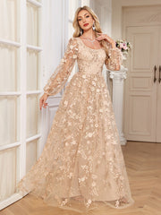 Champagne Floral Embroidery Puff Sleeve A Line Evening Gown