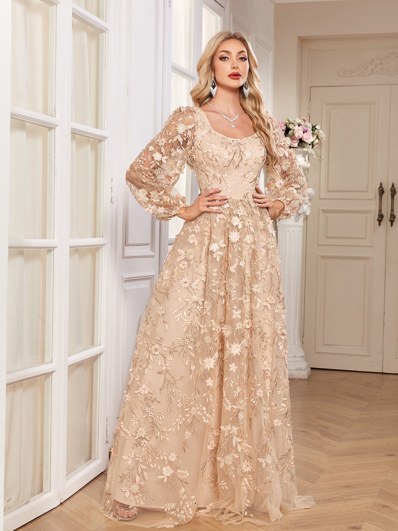 Champagne Floral Embroidery Puff Sleeve A Line Evening Gown
