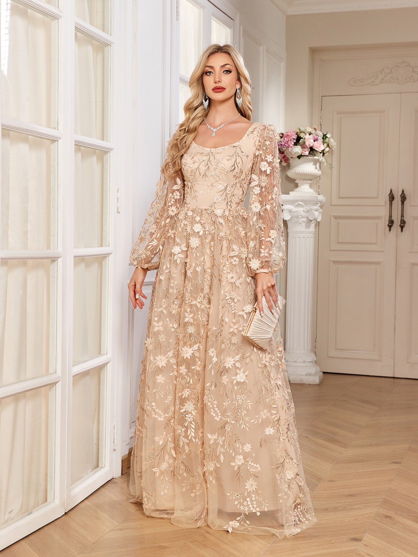 Champagne Floral Embroidery Puff Sleeve A Line Evening Gown