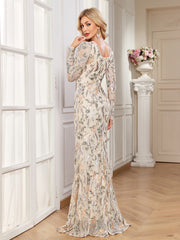 Cream Multi Floral Sequin Long Sleeve Mermaid Evening Gown